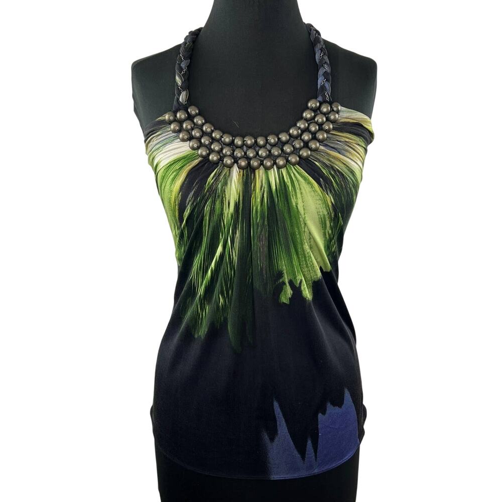SKY Black Multi Abstract Silk Braided Halter Beaded Sleeveless Top VTG Y2K XS